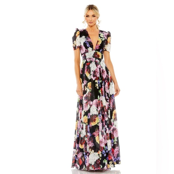 Mac Duggal 55933 NWT FLORAL PRINT MESH CAP SLEEVE GOWN - Picture 1 of 8